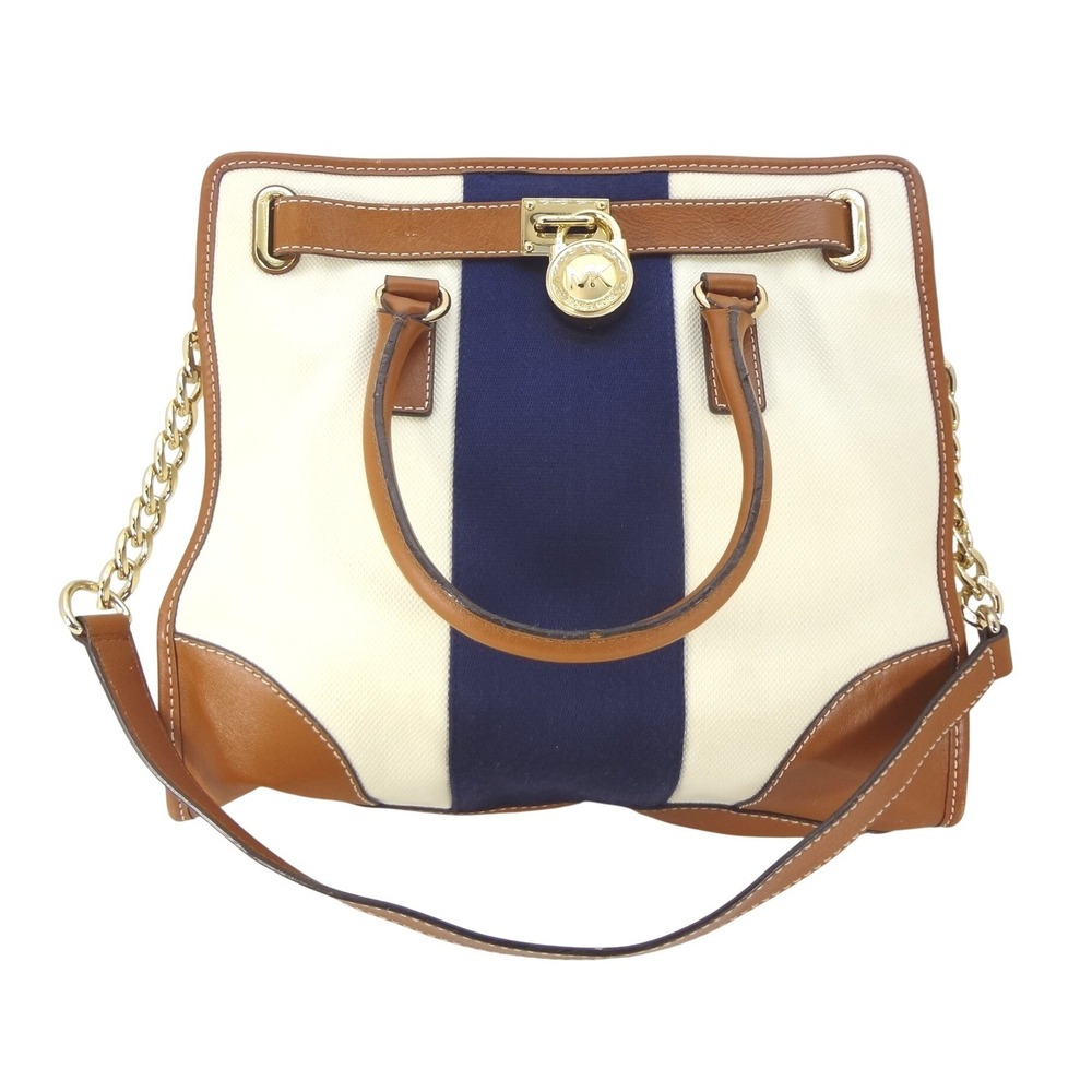 Michael Kors Hamilton Satchel Medium Cream Navy Canvas Leather Stripe